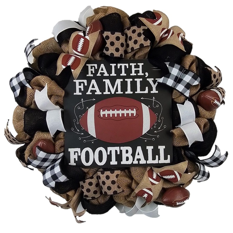 Faith Family Football Front Door Wreath, Black Burlap