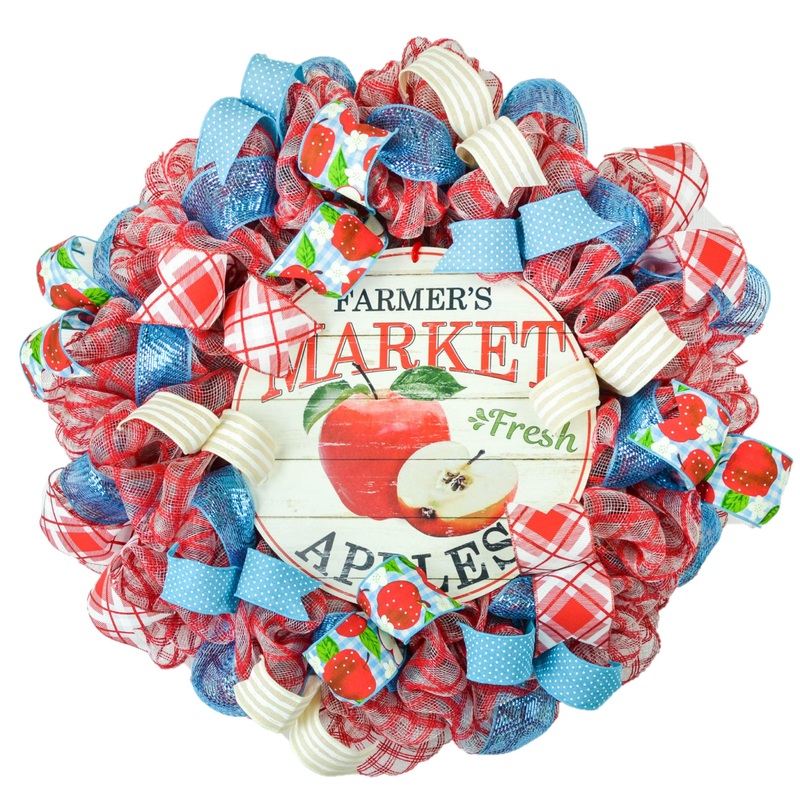 Farmers Market Summer Apple Wreath – Vibrant Red, Turquoise, and White Colors
