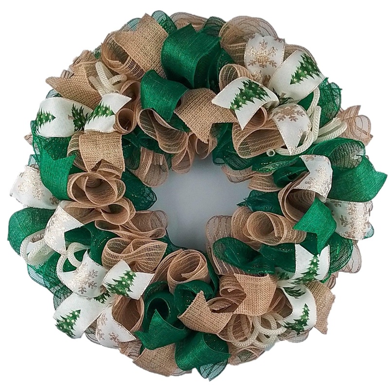 Farmhouse Christmas Wreath – Rustic Holiday Wreath – Outdoor Front Door Decor – Gold Jute Green No Centerpiece