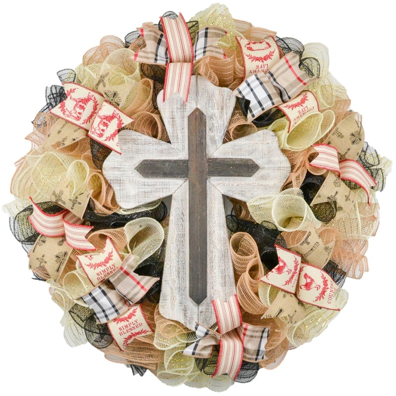 Farmhouse Door Wreath – Religious Rustic Cross Mesh Wreath – Mothers Day Gift for Mom from Son – Front Door Decor