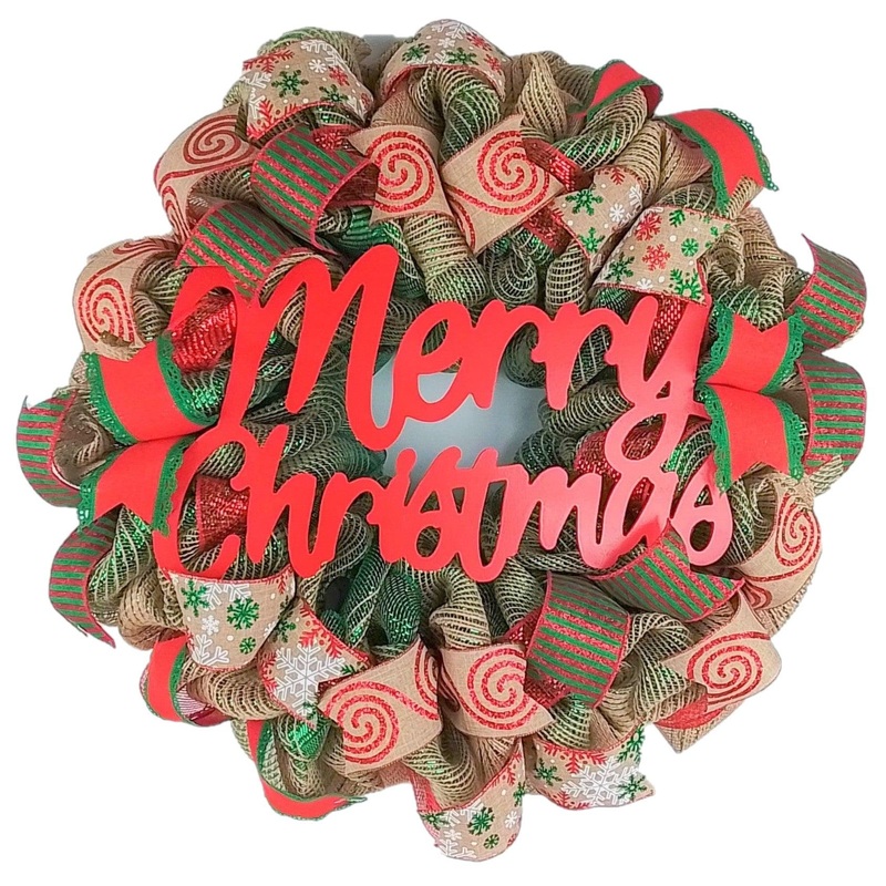 Rustic Merry Christmas Wreath | Mesh Christmas Outdoor Front Door Wreath | Red Jute Green Burlap No Centerpiece