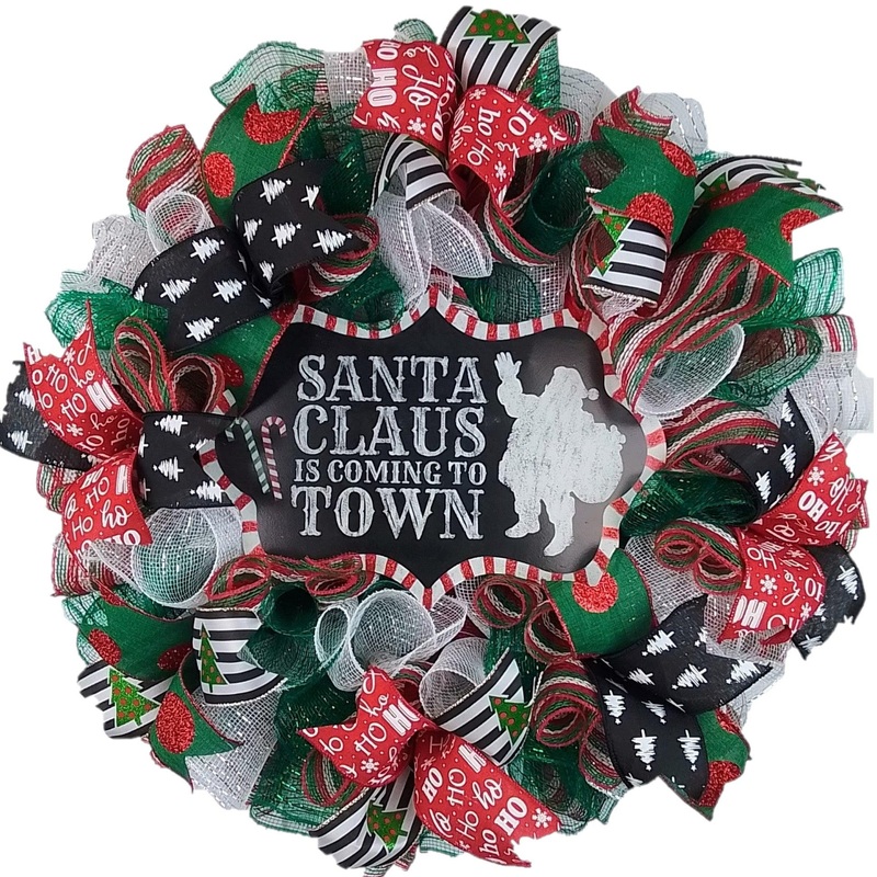 Santa Claus Wreath – Santa Claus is Coming to Town Christmas Mesh Front Door Wreath – Red Black White Green Ho Ho Ho