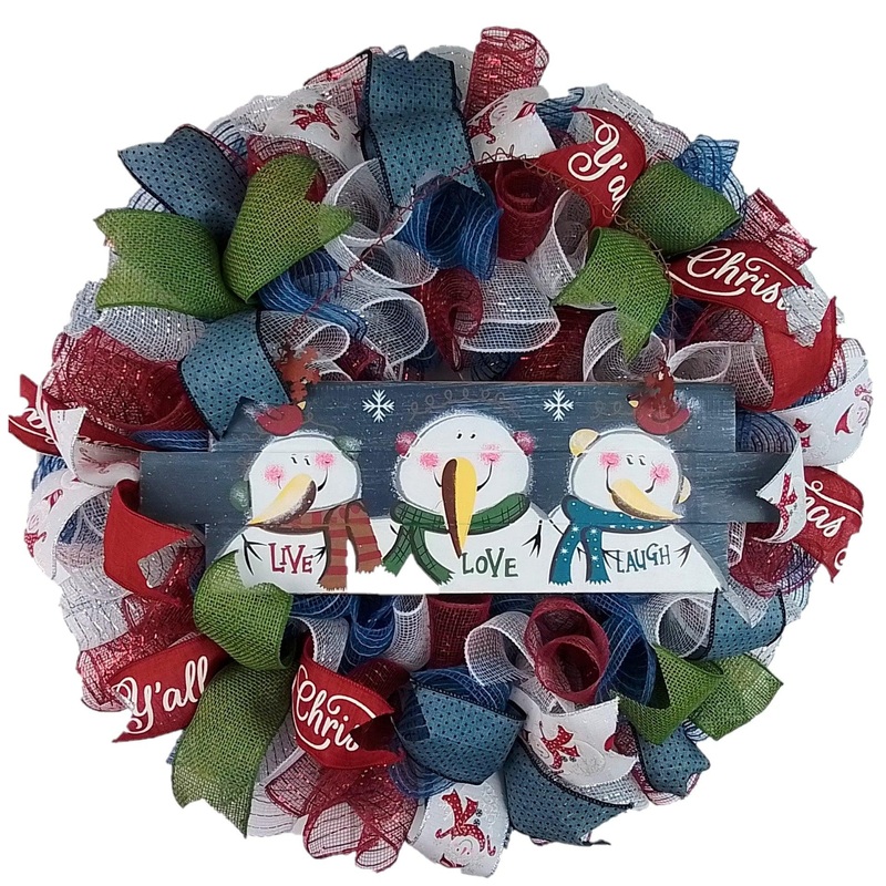 Snowman Wreath | Live Laugh Love Christmas Mesh Outdoor Front Door Wreath; Moss Denim Maroon