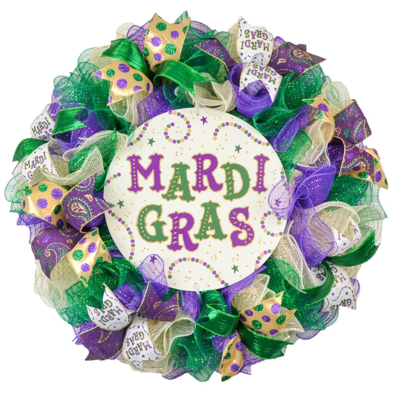 Sparkly Mardi Gras Wreath – White Gold Fat Tuesday Mesh Front Door Decor – Purple Emerald Green