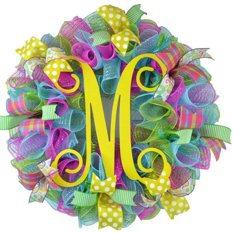 Spring and Summer Monogram Mesh Door Wreath : P1 No Centerpiece