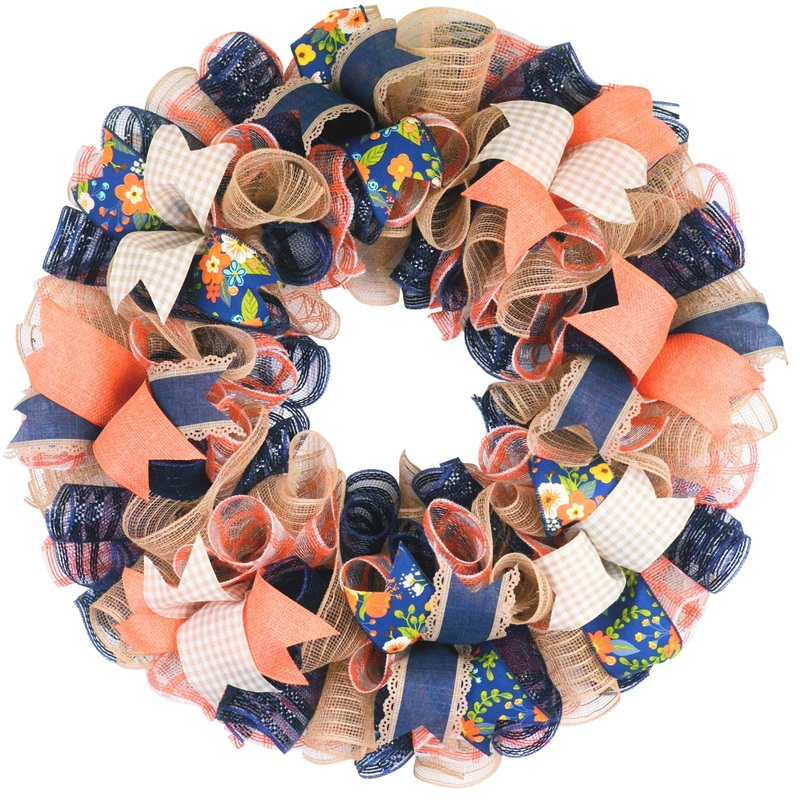 Spring Door Wreath – Moms Birthday Gift – Long Distance Same Day Present – Coral Navy Blue Jute Floral No Centerpiece