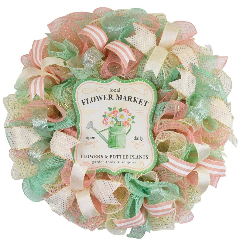 Spring Flower Market Welcome Deco Mesh Door Wreath; Coral Black White