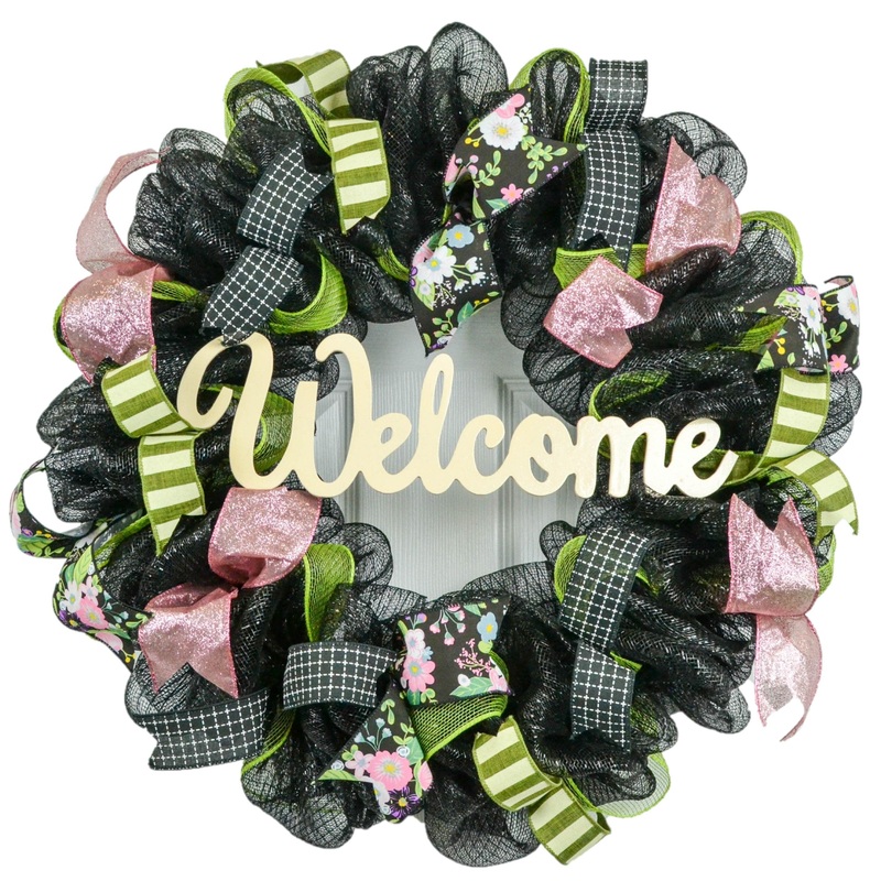 Spring Welcome Wreath | Floral Everyday Door Wreath | Moss Green Pink Ivory Black | Gift for Mom No Centerpiece