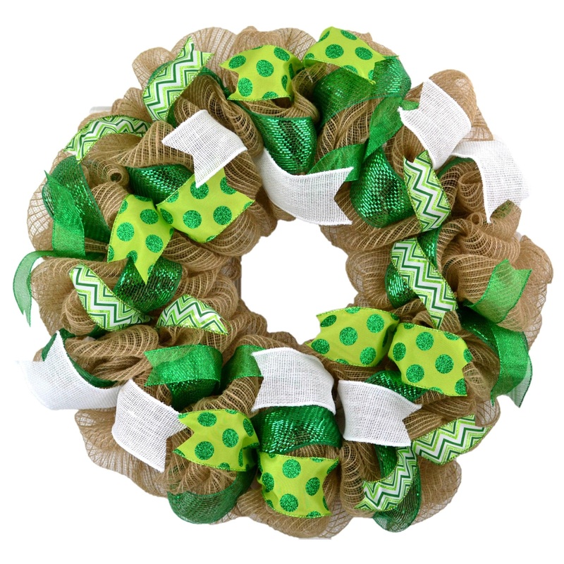 St. Patrick’s Day Mesh Door Wreath – Saint Patricks Day Wreath – St Pattys Day Decor – Green Burlap Jute SP3 No Centerpiece