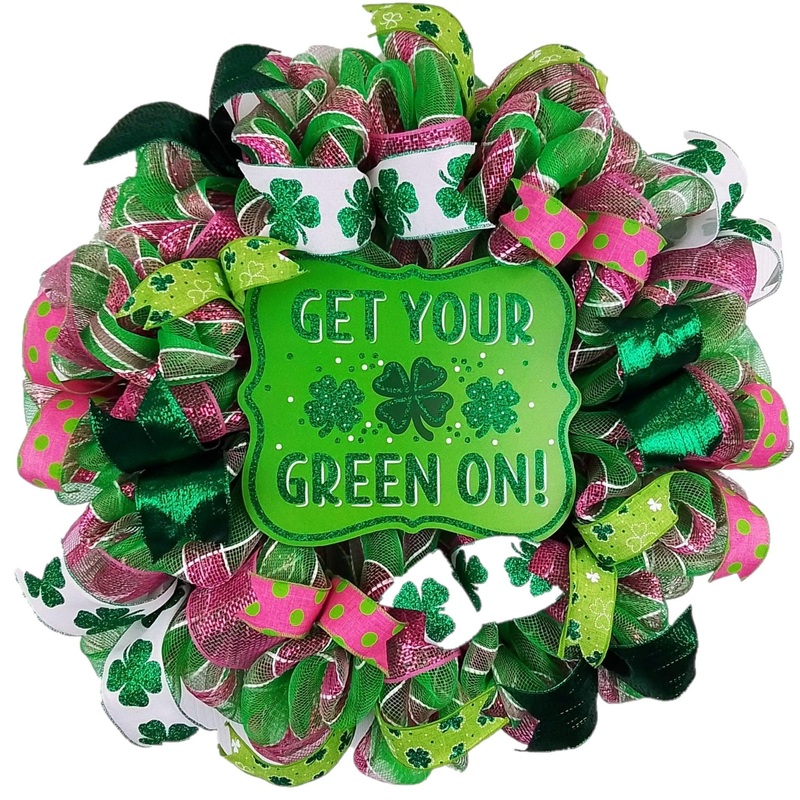 St Patricks Day Wreath – Get Your Green On – Lime Green White Pink Shamrock