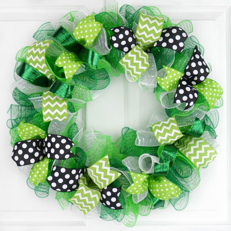 St. Patricks Mesh Door Wreath | Saint Patrick’s Green Black White No Centerpiece