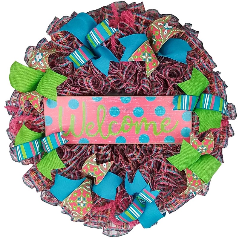 Summer Spring Welcome Door Wreath – Burlap Mothers Day Gift – Pink Turquoise Lime Green