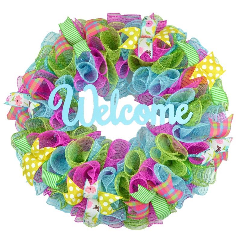 Summer Spring Welcome Door Wreath; Pink, Turquoise, Yellow, Green : P1 No Centerpiece