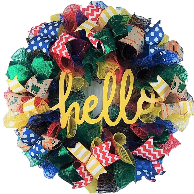 Teacher Christmas Gift – Customizable Classroom Front Door Decor Gift Present Outdoor Mesh Wreath – Red Blue Green Yellow Black No Centerpiece