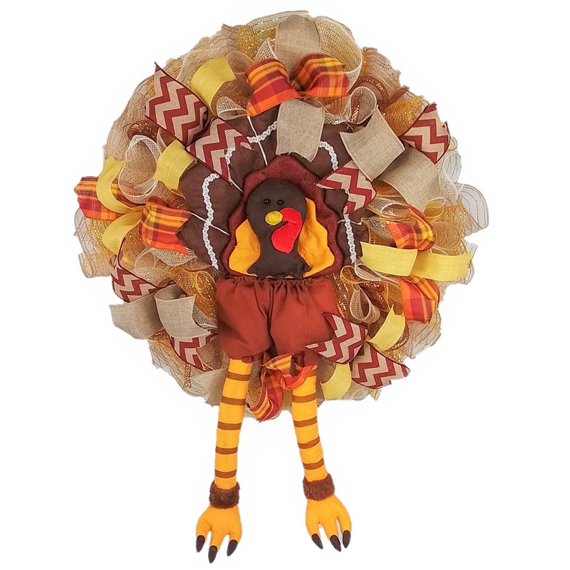 Thanksgiving Turkey Wreath | Fall Deco Mesh Wreath | Turkey Legs | Front Door Wreath; Brown Orange