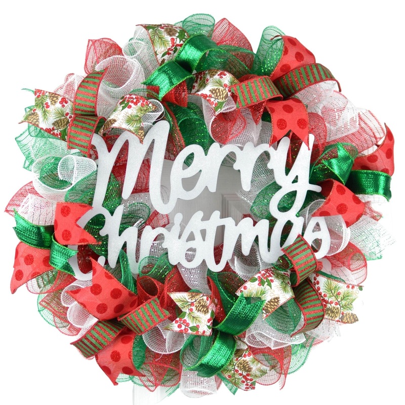 Traditional Christmas Wreath | Red Emerald Green White Mesh Christmas Decor No Centerpiece