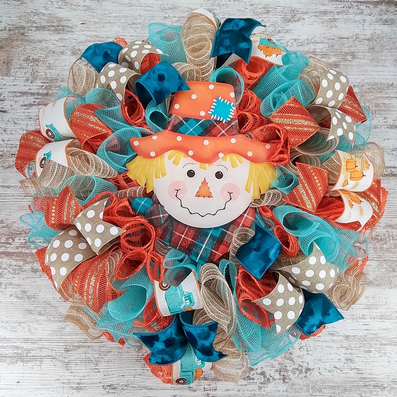 Turquoise Scarecrow Mesh Front Door Wreath – Thanksgiving Fall Wreath – Orange Brown Blue