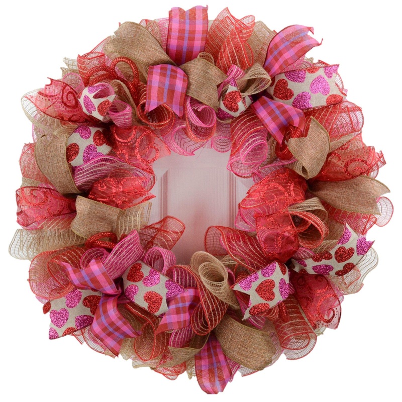 Valentine’s Day Jute Burlap Mesh Door Wreath | Red Burlap Pink | Ready to Ship No Centerpiece