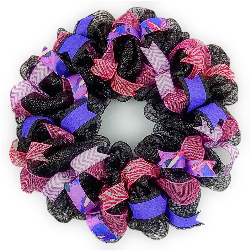 Valentine’s Day Mesh Door Wreath – Black Hot Fuchsia Pink Purple – Animal Print Bold Decor for Daughters Room No Centerpiece