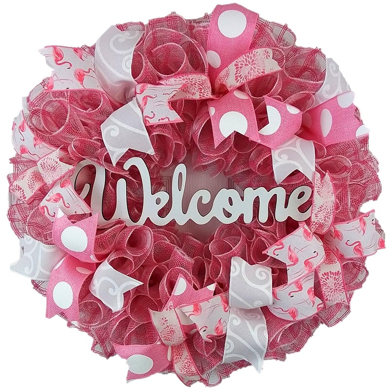 Welcome Flamingo Wreath – Summer Spring Front Door Decor – Beach Decoration – Pink White No Centerpiece