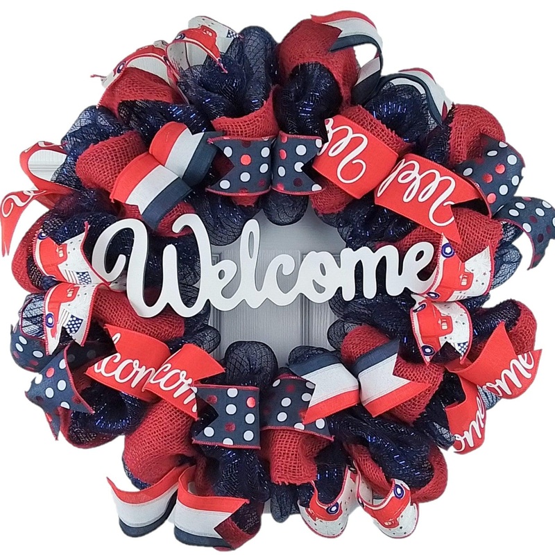 Welcome Fourth of July Door Wreath – Red White Navy Blue No Centerpiece