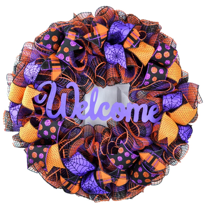 Welcome Halloween Door Wreaths | Orange Black Purple Mesh Wreath No Centerpiece