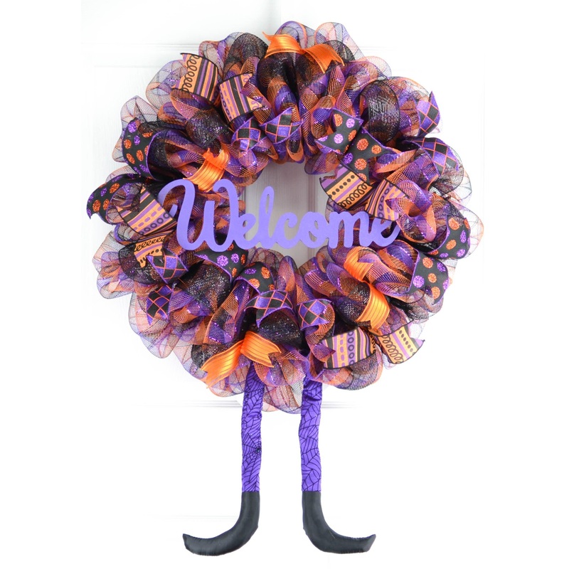 Welcome Halloween Wreath | Witch Legs Front Door Wreath | Purple Orange Black No Centerpiece