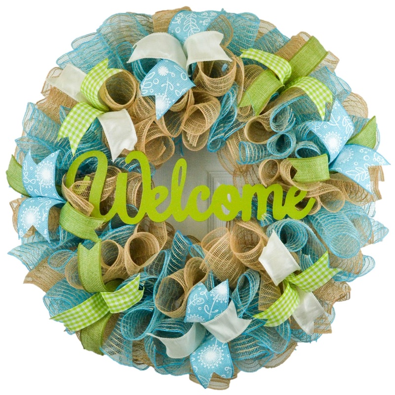 Welcome Spring Deco Mesh Door Wreath; Turquoise Moss Green Ivory Burlap No Centerpiece