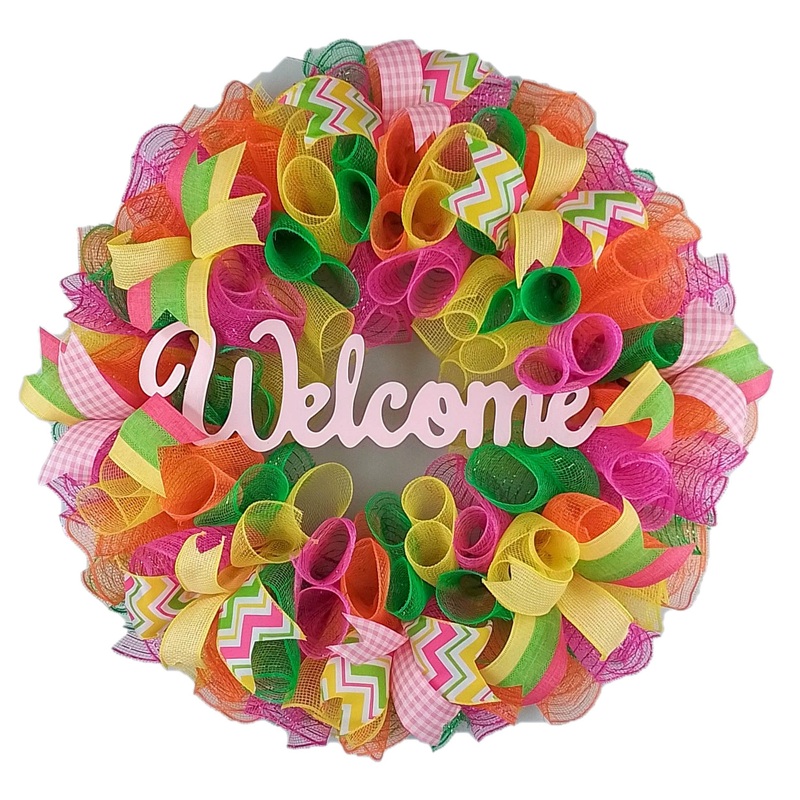Welcome Summer Door Wreath | Pink Lime Green Yellow No Centerpiece
