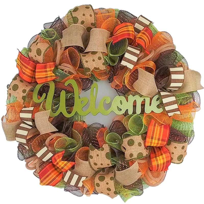 Welcome Wreath for Fall, Green Front Door Wreath for Thanksgiving : F1 No Centerpiece