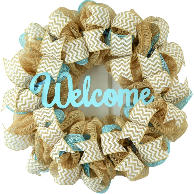 Welcome Wreaths Front Door | Burlap Everyday Year Round Front Door Wreath | Turquoise Jute White No Centerpiece