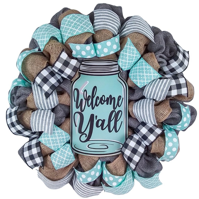 Welcome Y’all Mason Jar Wreath | Grey Burlap Spring Decor | Wedding Gift | Mint Black White