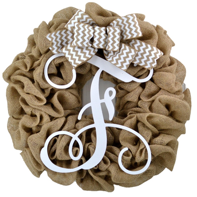 White Burlap Monogram Door Wreath with White Chevron Bow No Centerpiece