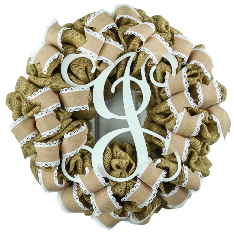 White Burlap Monogram Wreath – Customizable Everyday Hello Front Door Decor No Centerpiece