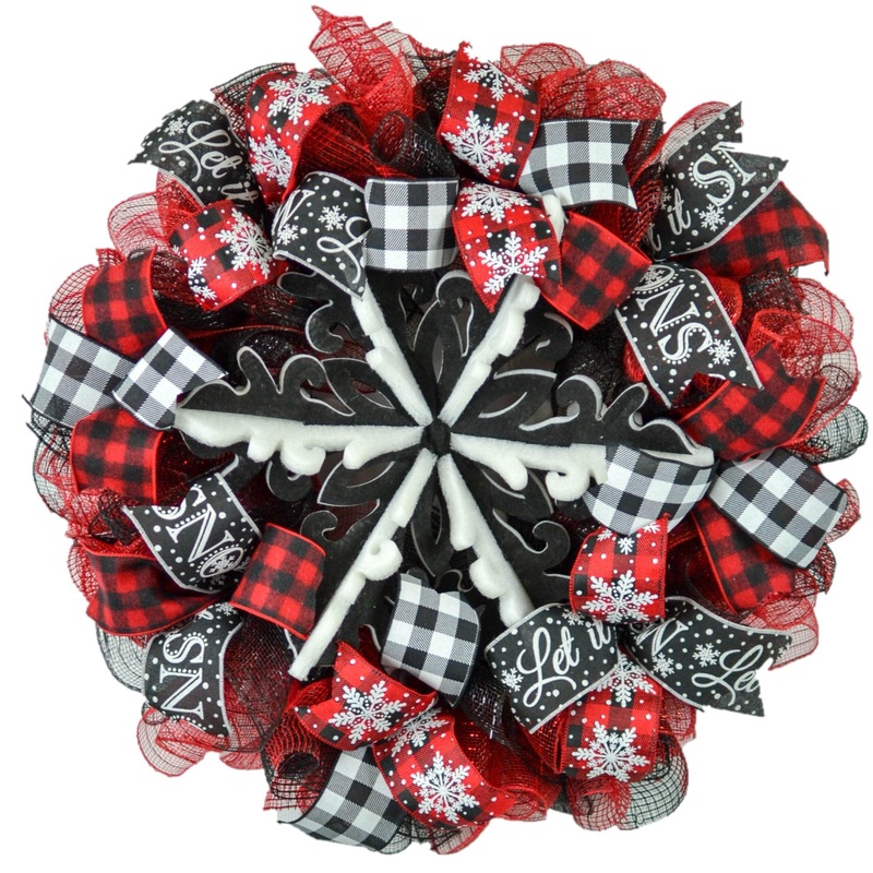 Winter Wreath – Buffalo Plaid Snowflake Christmas Mesh Outdoor Front Door Wreath