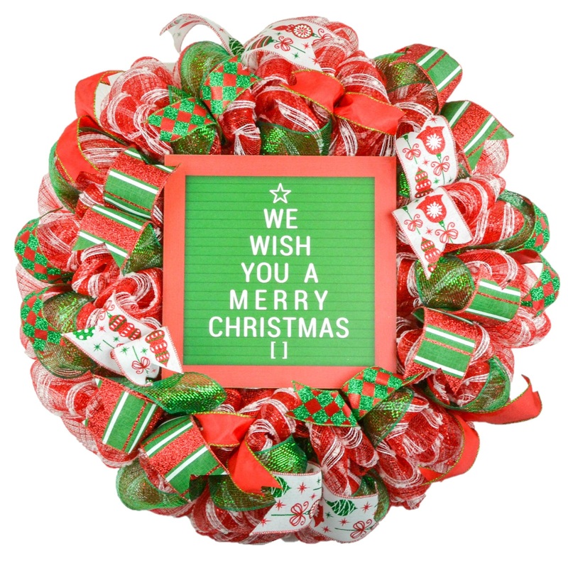 Wish You a Merry Christmas Front Door Wreath – Bright Holiday Decoration – Red Green White Sparkle