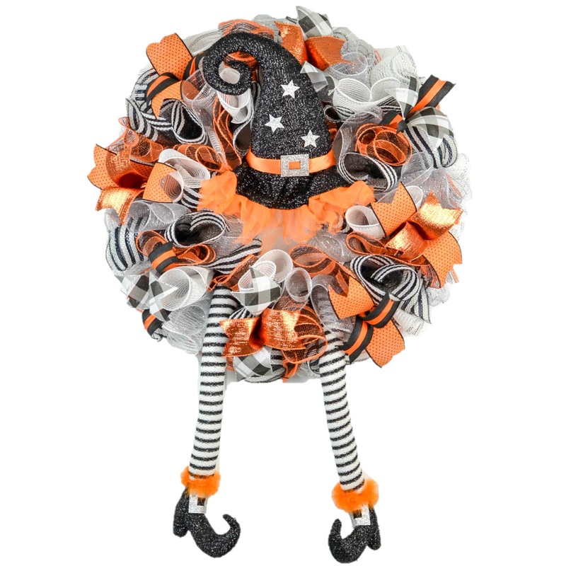 Witch Hat and Legs Halloween Wreath – Whimsical Fun Front Door Decor – Orange Black White