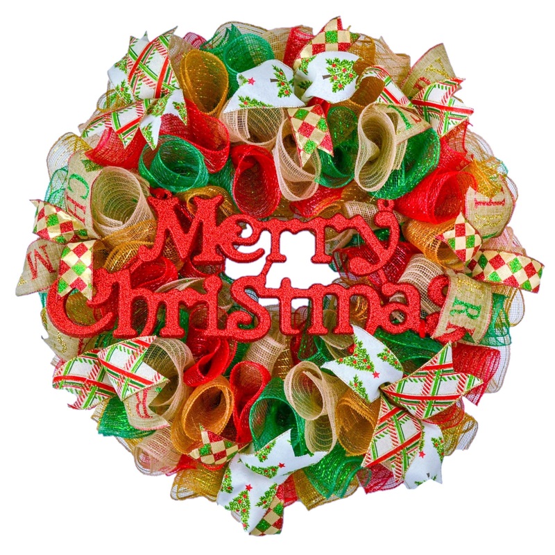 Wreaths for Christmas | Vintage Merry Christmas Red Burlap Emerald Green Front Door Wreath No Centerpiece