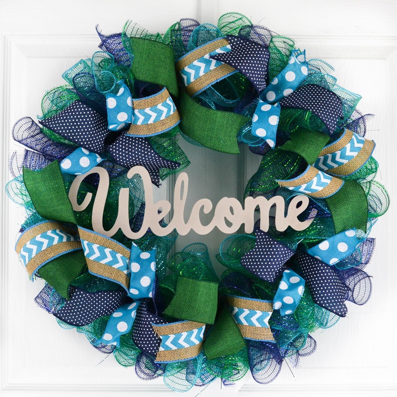 Year Round Door Wreaths | Spring Mesh Door Welcome Wreath | Navy Turquoise No Centerpiece