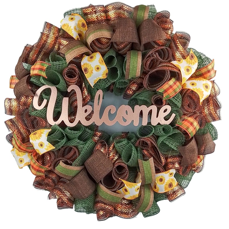 Autumn Burlap Wreath, Fall Door Hanger, Decorative Welcome Sign No Centerpiece