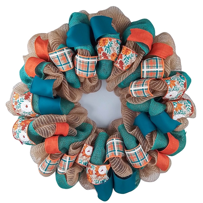 Autumn Wreath, Fall Door Hanger, Burlap and Ribbon Decor No Centerpiece