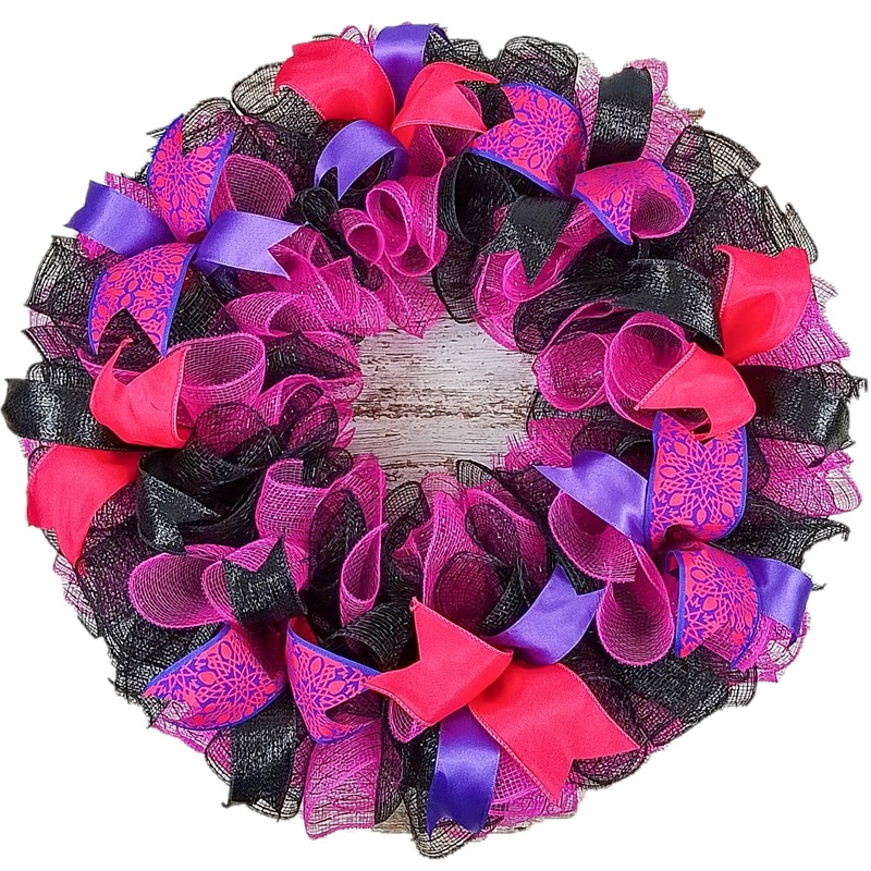 Black Pink Mesh Door Wreath; Black Hot Fuchsia Pink Purple No Centerpiece