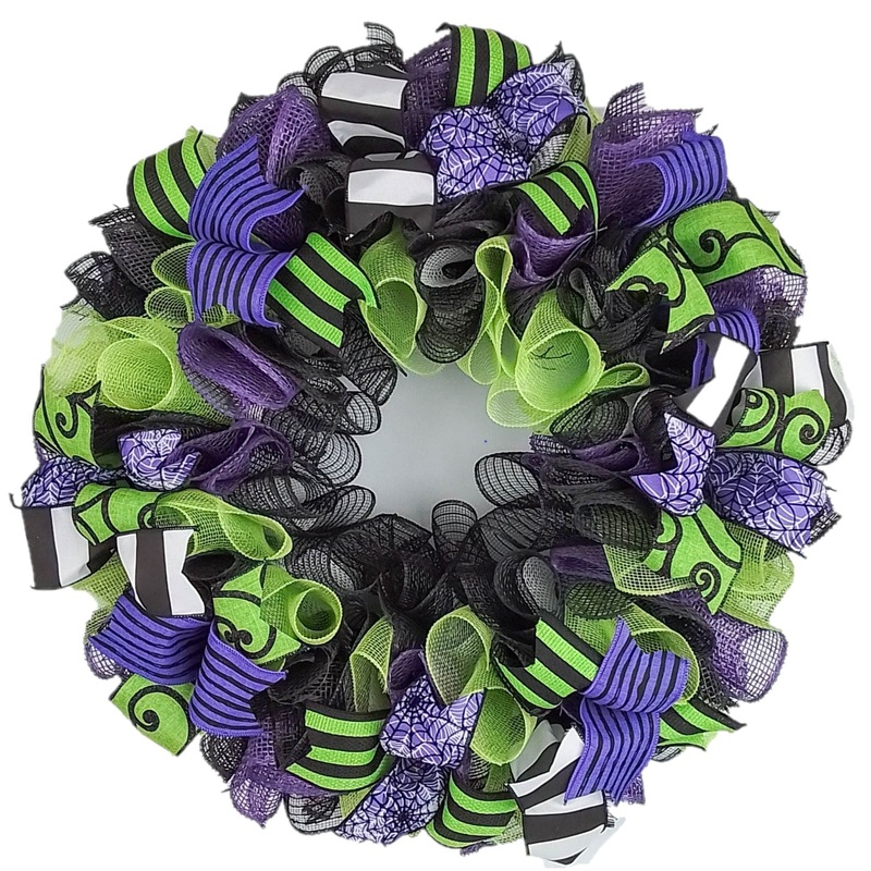 Bright Halloween Wreath, Black White Purple Green Decor, Versatile Indoor/Outdoor Decoration No Centerpiece