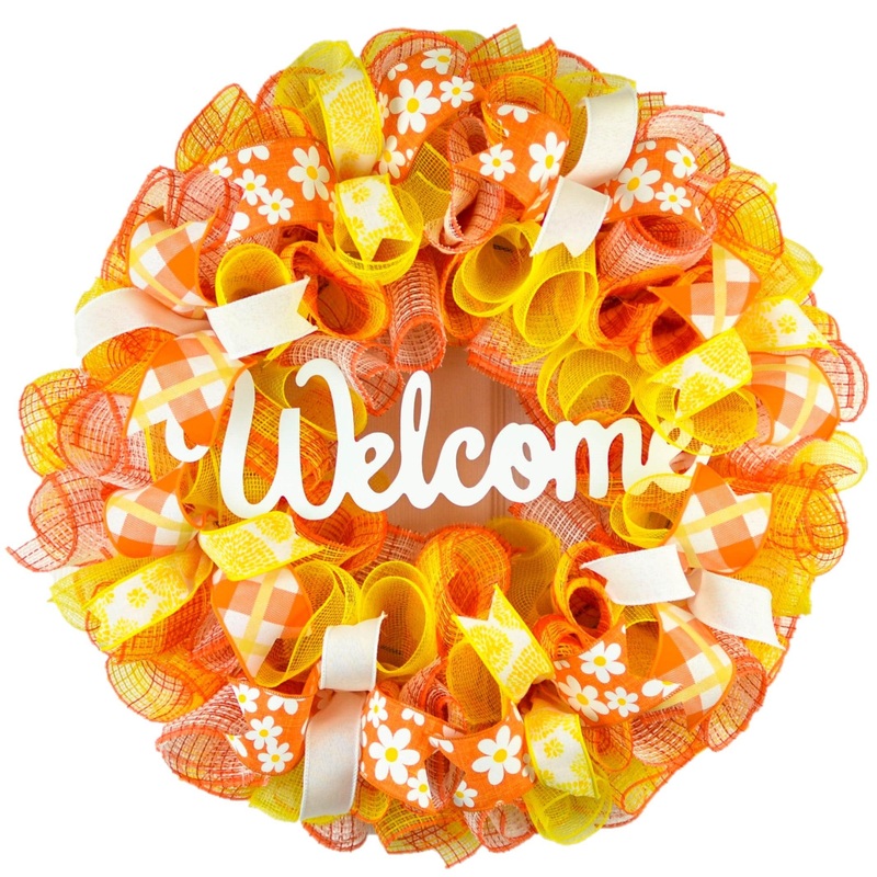 Bright Orange Wreath, Summer Mesh Wreaths, Welcome Yellow Spring Decor No Centerpiece