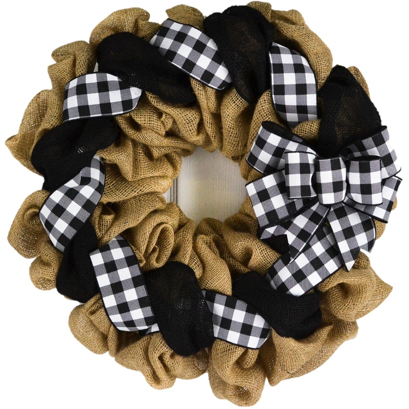 Buffalo Check Burlap Front Door Wreath – Black White Everyday Year Round Decor No Centerpiece