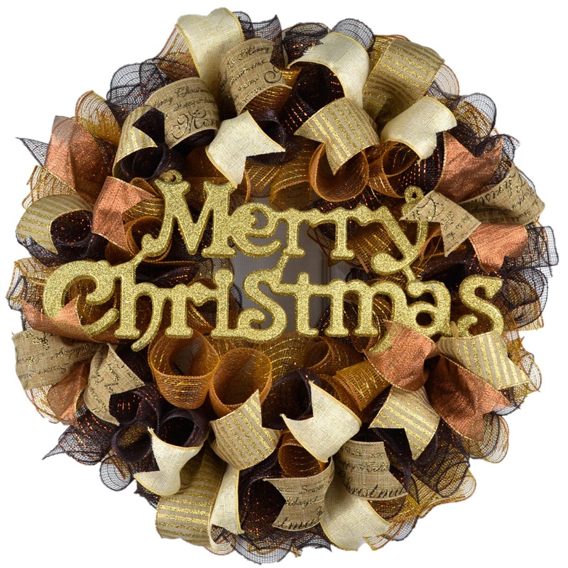 Christmas Mesh Outdoor Front Door Wreath | Brown Gold Ivory No Centerpiece