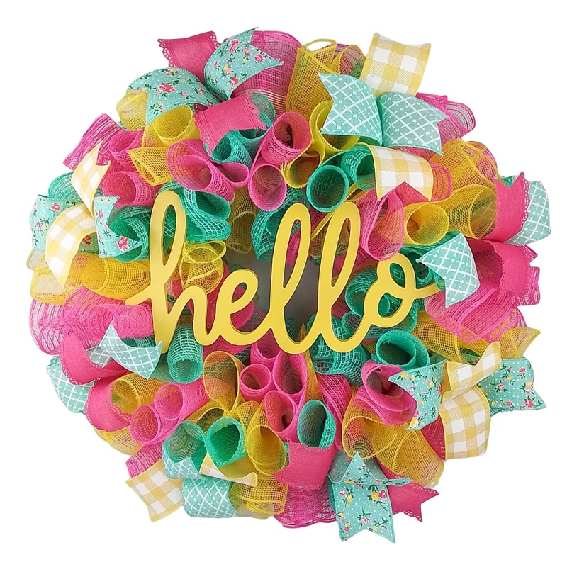 Colorful Door Wreath, Hello Sign Decor, Spring Home Decoration No Centerpiece