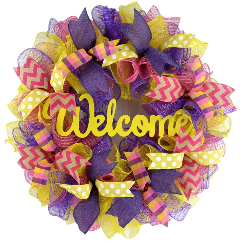Everyday Front Door Wreaths, Year Round Wreath, Purple Pink Yellow No Centerpiece