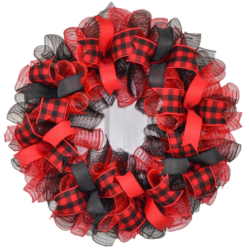 Farmhouse Buffalo Plaid Wreath – Front Door Outdoor Mesh Christmas Decor- White Red Black Burlap No Centerpiece