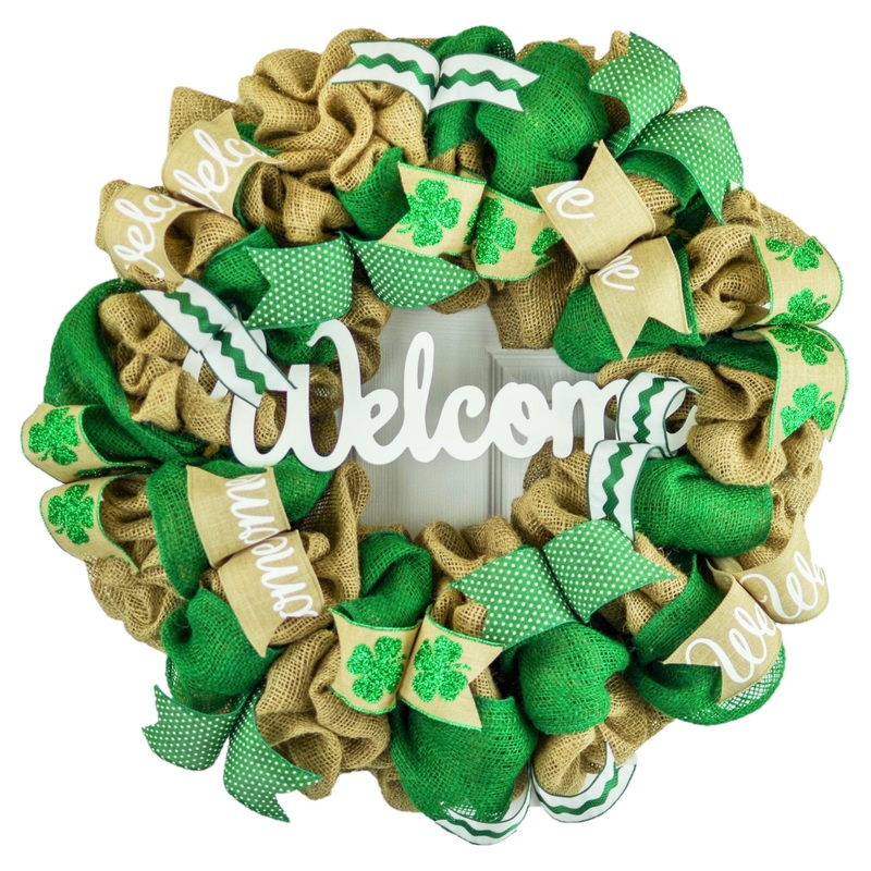 St Patricks Welcome Wreath – Saint Patrick’s Porch Decor – Clover Door Decorations No Centerpiece